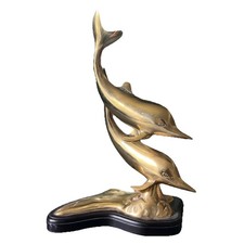 Vintage MCM Brass Double Dolphin Sculpture 12” Wood Base Coastal Nautical Decor picture