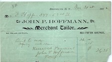 1902 John P. Hoffmann Merchant Tailor Brooklyn Paid Billhead picture