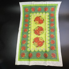 Vintage Red Rose & Daisy Green Cottage Core Linen Tea Towel Farmhouse 28x19 picture