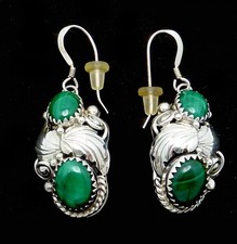 Vintage Sampson Yazzie Sterling Silver Malachite Pierced Dangle Earrings 27586 picture