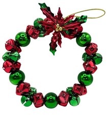 Jingle Bell Christmas Wreath Metal Vintage Red & Green Poinsettia 10