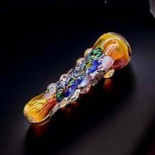 Gold Fumed Hand Blown Glass Chillum Pipe – USA Made, Colorful Dot Work, 3.5” picture
