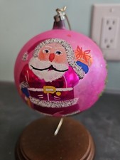Vtg Jumbo Christmas Ornament Poland Santa with Cane Tree Pink Hand Painted Mica picture