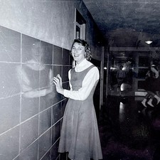 1959 Smiling Young Woman Laughing Odd Wall Reflection Quirky Vtg Snapshot Photo picture