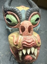 Vintage Nepalese Horned Demon Mask Colorful Carved Folk Art 1975–1985 picture