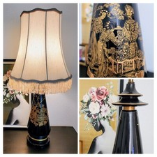 Vintage Oriental Chinoiserie Table Lamp Black & Gold Ivory Pagoda Fringed Shade picture