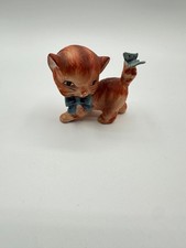 Vintage Japan Ceramic Orange Tabby Kitten Figurine Blue Bow Butterfly Tail MCM picture