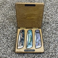 Lot Of 3 Vtg Wildlife Bass Fish Duck Deer Vanadium Pocket Knife Set Wood Case picture