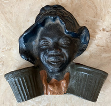 Vintage Cast Iron Black Americana Double Wall Match Holder - Man w/ 2 baskets picture
