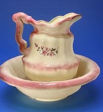 Vintage Arnel's Pottery Pink & Cream Wash Pitcher & Basin Set Floral Roses 1970s picture