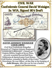 CIVIL WAR Confederate General David Weisiger, 3x WIA, Signed Draft 1874 picture