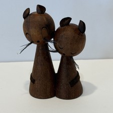 Vintage Genuine Burma Teak Miniature 50's Wooden Cats Leather Ears MCM picture