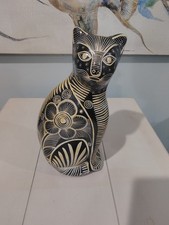 Vintage Folk Art Black & White Carved Pottery Cat Coin Bank Figurine 13.5
