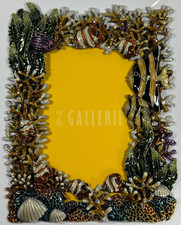 Z Gallerie Crystal Enamel Coastal Seashell Coral & Fish Picture Frame 5.75