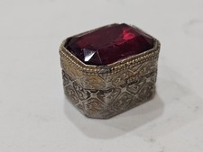 Vintage Miniature Florenza Silver Tone Red Ruby Stone Pill Trinket Box - 1