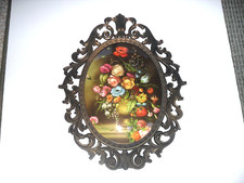 Vtg Italian Metal Framed Floral Oval Print Convex Bubble Glass Italy picture