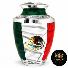 Mexico Flag Cremation Urn for Human Ashes, Mexican Eagle Patriotic Memorial 10in picture