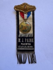 Antique Civil War G.A.R. Ribbon Badge named M.J. Paine Staples, MN. Post 56 picture