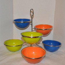 VTG MCM Atomic 3 Tier Snack Caddy Server Chrome 6 Enamel Bowls Set Rare Dips Nut picture