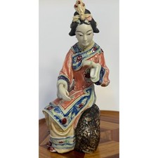 Vintage Chinese Shiwan Wucai Porcelain Figurine Seated Lady Hand Painted Decor picture