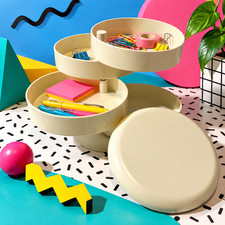 Vintage 80s Style 4 Tier Swivel Desk Organizer Round Plastic Space Age Mod Ivory picture
