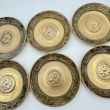 VTG Set of 6 Brass Plates 4.5” Ornate Engraved Symbol Boho Asian Decor Dish Lot picture