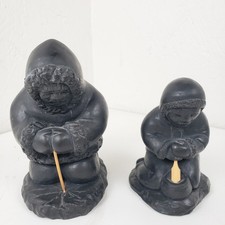 2 Aardvark Canada 1972 Inuit Eskimo Figurine Set Black Soapstone Style Ice Fish picture