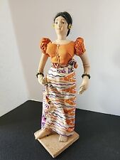 Indian Asian Figurine  Lady in Orange Dress Wood Base picture