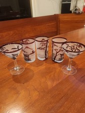 Vintage 1940s-1950s Ruby Red Etched Glasses, 5 pieces picture