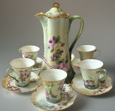 Antique Haviland Limoges Green Beauty Rose Chocolate Pot Gold France 13 Pieces picture
