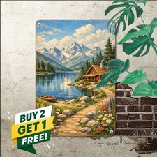 Alpine Wildflower Meadow Lakeside Cabin Scenic Art Retro Metal Tin Sign picture
