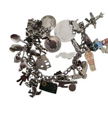 Vintage Sterling Silver Charm Bracelet 30 Sterling Silver & Silver Tone Charms picture