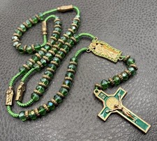 Vintage Rosary AB Crystal Beads Enamel Crucifix Green Rhinestone Gold Tone 25” picture