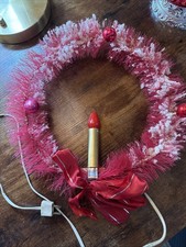 Vtg MCM Hot Pink Bottle Brush Wreath w/ Mercury Glass Beads Light Up Candle 13” picture