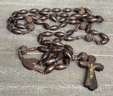 Antique 5FT Large Wood Wall Rosary Crucifix Bethlehem Olive w/ Carved Rose Beads picture