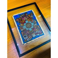 Peruvian Leather Folk Art Framed Paracas Nazca Style Cusco Painting 21x17 picture