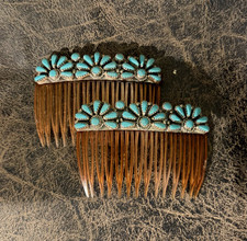 2 NATIVE AMERICAN NAVAJO STERLING SILVER AND TURQUOISE VINTAGE HAIR COMBS picture