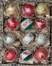 Vintage Poland Red Yellow Daisy Stencil Glass Christmas Ornaments picture