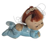 Vintage Ceramic Crawling Baby Figurine Red Hair Blue Sleeper Planter Hugger picture