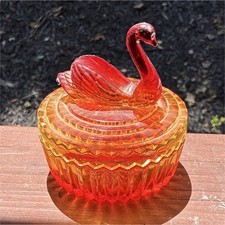 Jeannette amberina/Red Glass Powder Jar w/ Swan Lid Topper - Lidded Glass Jar picture