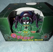 NOS Purple Wind Up Spider Bank ~ Works. New W/Box Halloween Creepy picture