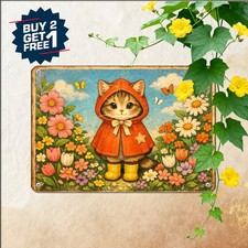 Cute Kitten In Yellow Raincoat Sign Vintage Rainy Day Cat Metal Tin Art picture