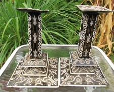 RARE ANTIQUE EARLY 19TH CENTURY PAIR OF FRENCH ENAMEL ON COPPER CANDLESTICKS picture