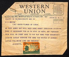 1935 Western Union Telegram Los Angels Office re: