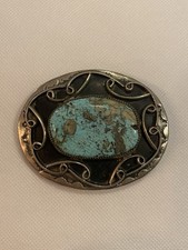 Vtg Western Belt Buckle Turquoise Stone Silver Tone Polished Handcrafted 3” picture