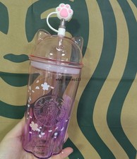 New Starbucks Korea 2026 Cherry Blossom Cat Glass Cold Cup 500ml W/ Cat Paw Plug picture