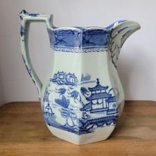 Antique Ridgway Blue Transferware Octagonal Pinch Handle Jug Pitcher Canton 8.5