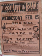 Antique Poster-Auction-Dissolution Sale-W S Eliason-Pennville Indiana 23 1/2