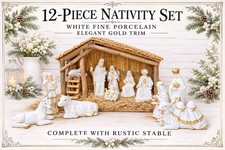 VTG (12) Piece Fine Porcelain Nativity Set White W/ Gold Trim & W/ Large Stable picture