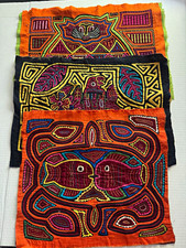 Lot of 3 Vintage Kuna Mola Textiles – Guna Yala Panama Parrot & Fish Folk Art picture